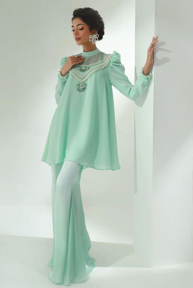 Fauna | Sea Green Chiffon Embellished Co Ord Set