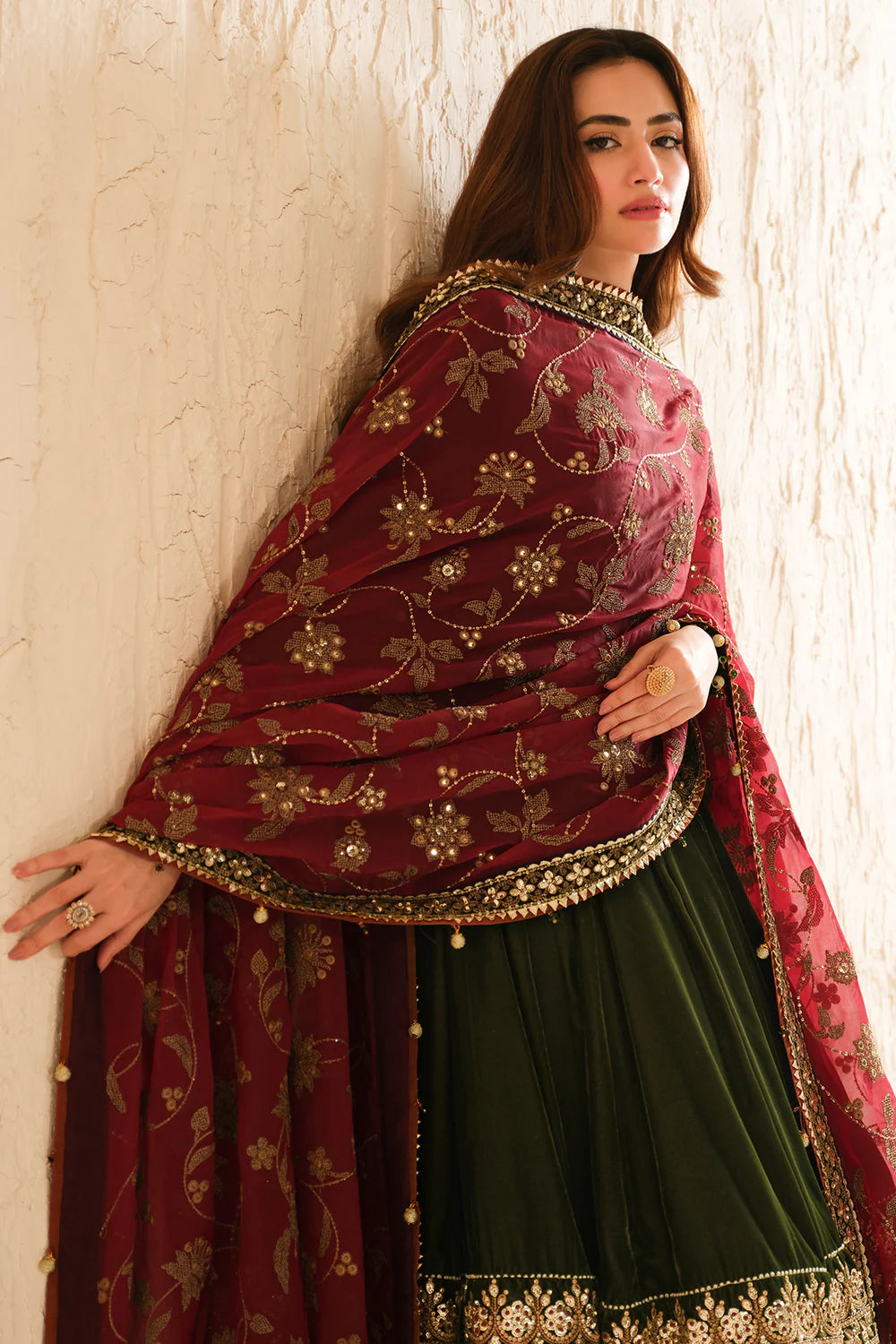 Rumi | Green Embroidered Velvet Lehenga