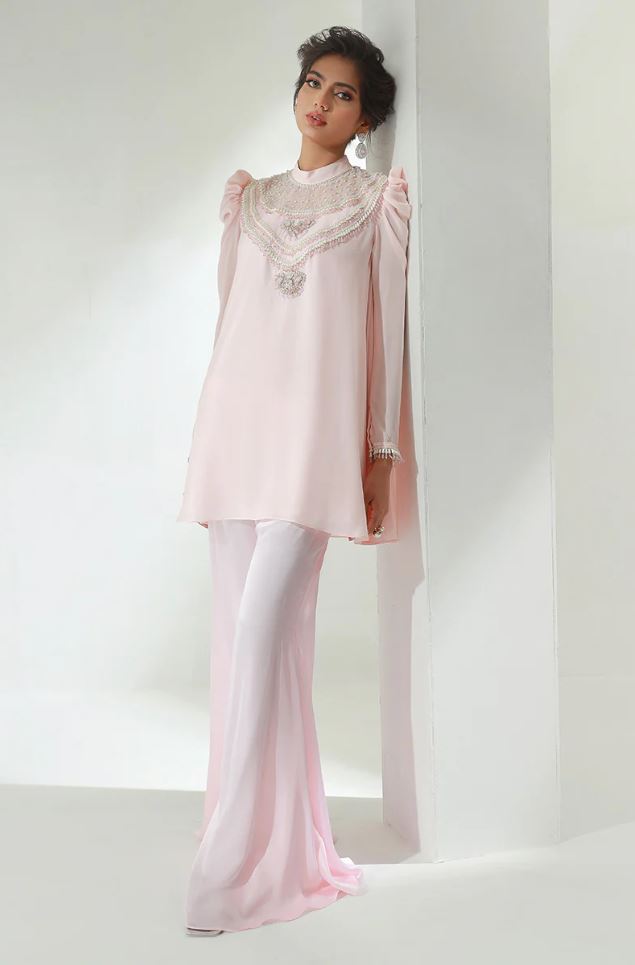Julie | Pink Chiffon Embellished Co Ord Set