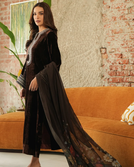1 Piece | Brown Velvet Embroidered Dress