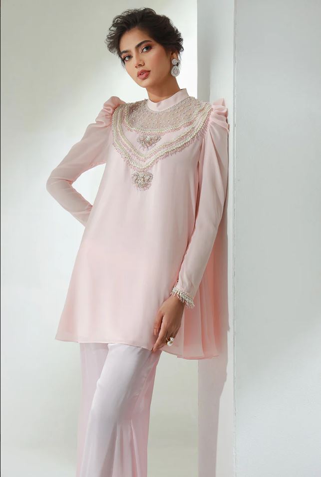 Julie | Pink Chiffon Embellished Co Ord Set