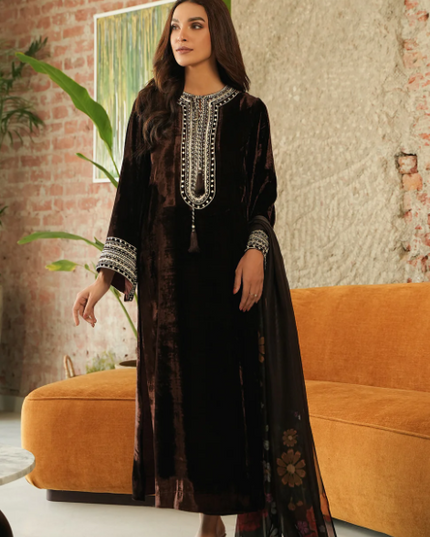 1 Piece | Brown Velvet Embroidered Dress
