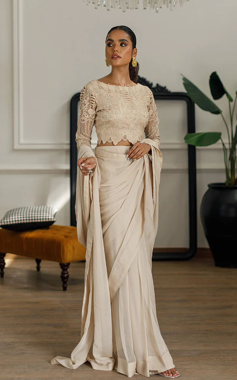 Maya | Embroidered Beige Festive Wear Saree