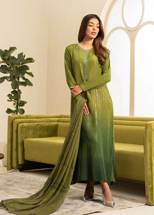 Arooj | Green Gradient Silk Embroidered Dress
