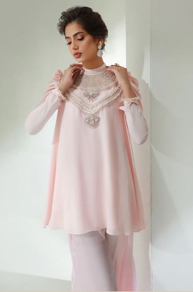 Julie | Pink Chiffon Embellished Co Ord Set