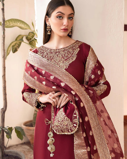 Shireen | Red Khaddi Silk Embroidered Suit