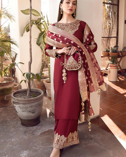 Shireen | Red Khaddi Silk Embroidered Suit