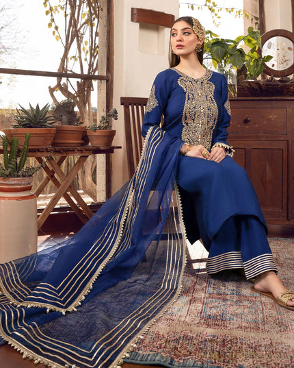 Sonia | Blue Khaddi Silk Embroidered Suit