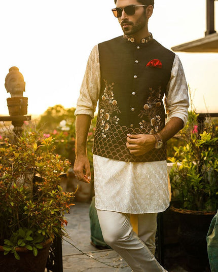 Luxury Cream Embroidered Chiffon Kurta Pajama Set