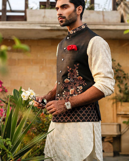 Luxury Cream Embroidered Chiffon Kurta Pajama Set