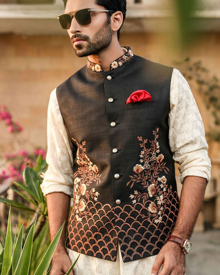 Luxury Cream Embroidered Chiffon Kurta Pajama Set