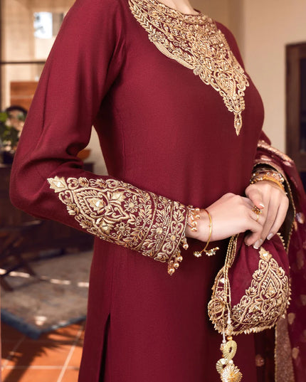 Shireen | Red Khaddi Silk Embroidered Suit