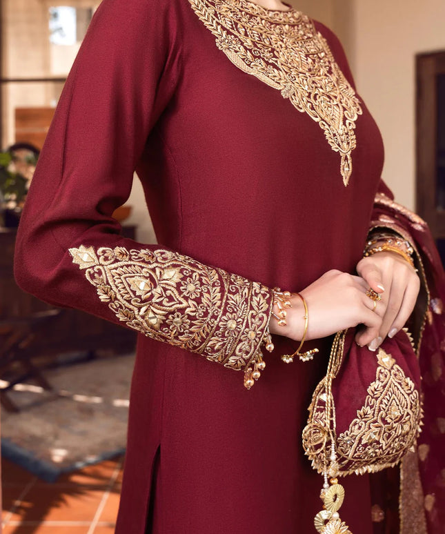 Shireen | Red Khaddi Silk Embroidered Suit