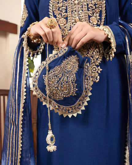 Sonia | Blue Khaddi Silk Embroidered Suit