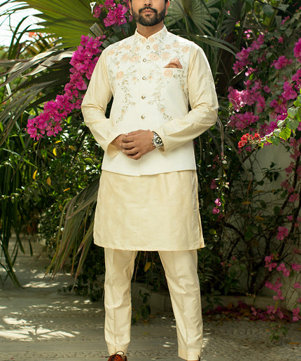 Luxury Beige Cotton Silk Embroidered Kurta Pajama Set