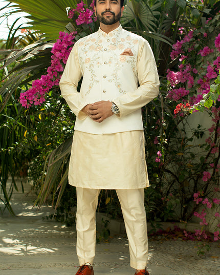 Luxury Beige Cotton Silk Embroidered Kurta Pajama Set