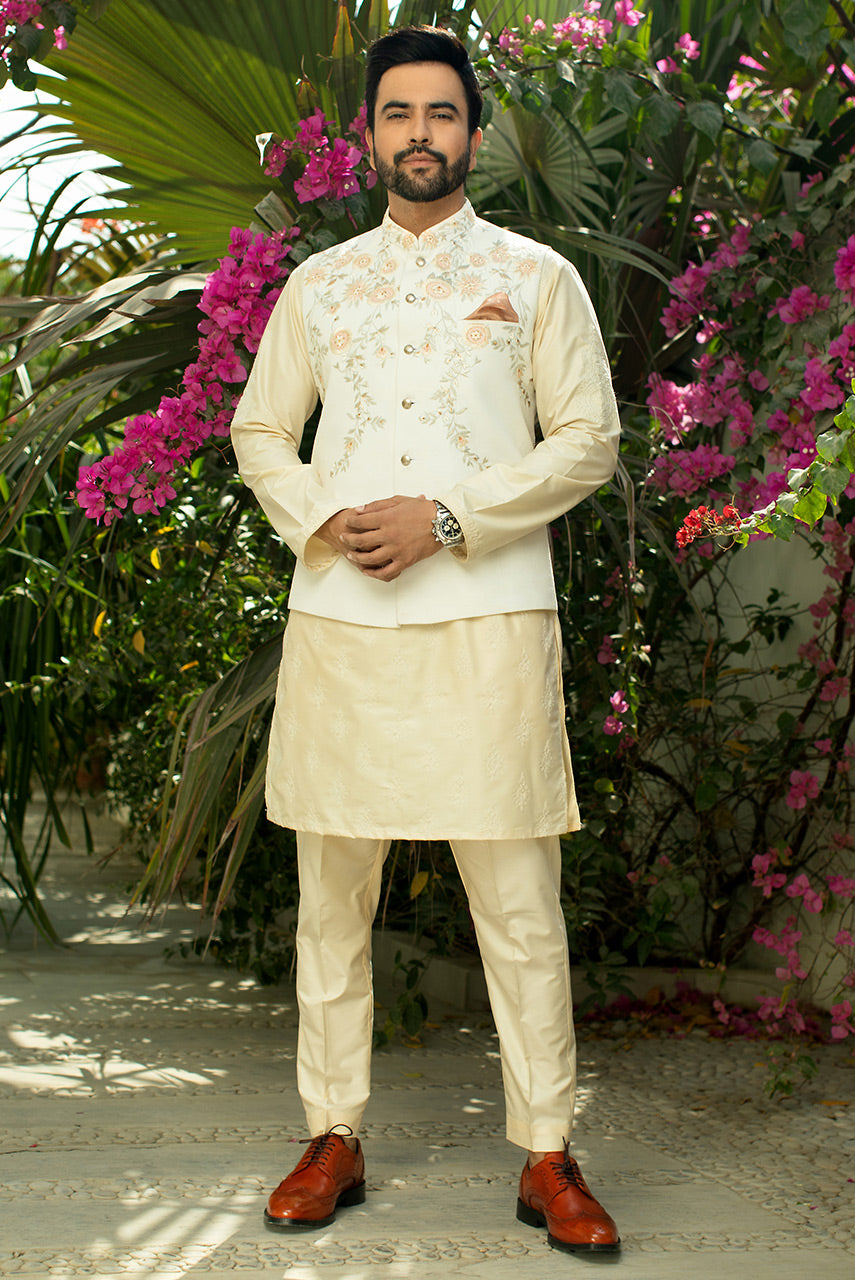 Luxury Beige Cotton Silk Embroidered Kurta Pajama Set