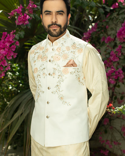 Luxury Beige Cotton Silk Embroidered Kurta Pajama Set