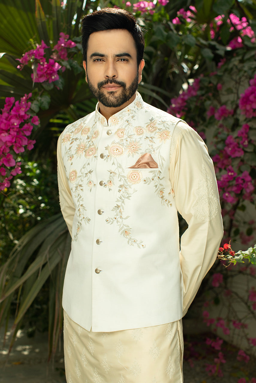 Luxury Beige Cotton Silk Embroidered Kurta Pajama Set