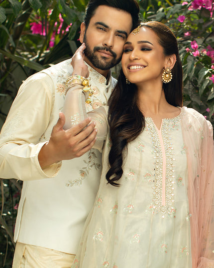 Luxury Beige Cotton Silk Embroidered Kurta Pajama Set