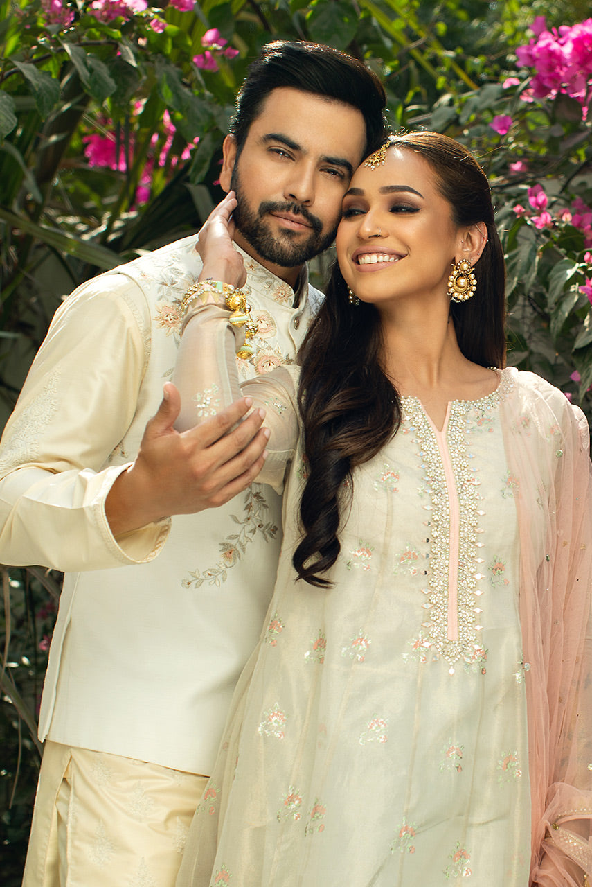 Luxury Beige Cotton Silk Embroidered Kurta Pajama Set