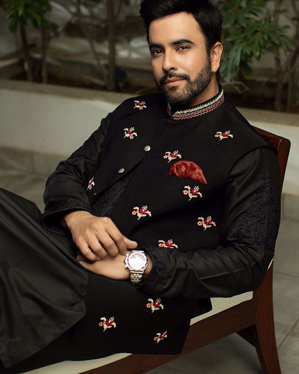 Luxury Black Cotton Silk Embroidered Kurta Pajama Set