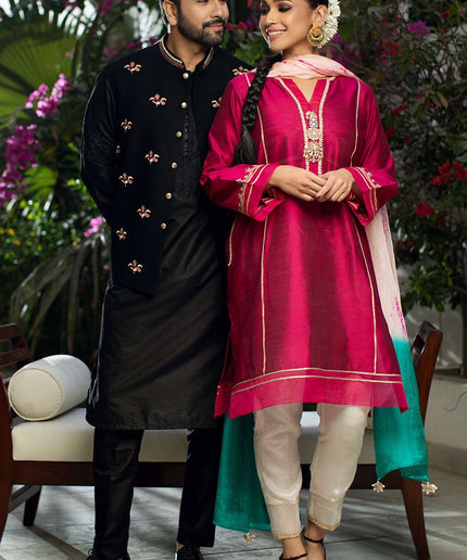 Luxury Black Cotton Silk Embroidered Kurta Pajama Set
