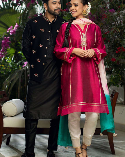 Luxury Black Cotton Silk Embroidered Kurta Pajama Set