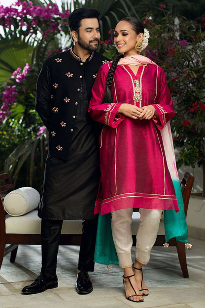 Luxury Black Cotton Silk Embroidered Kurta Pajama Set