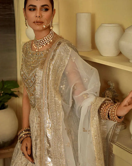 Sukhan | Cream Organza Jamawar Embellished Pishwas