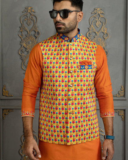 Luxury Orange Embroidered Cotton Silk Kurta Pajama Set