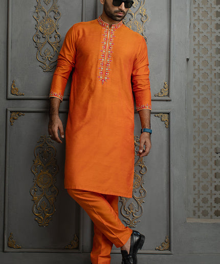 Luxury Orange Embroidered Cotton Silk Kurta Pajama Set