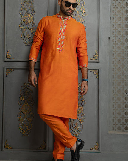Luxury Orange Embroidered Cotton Silk Kurta Pajama Set