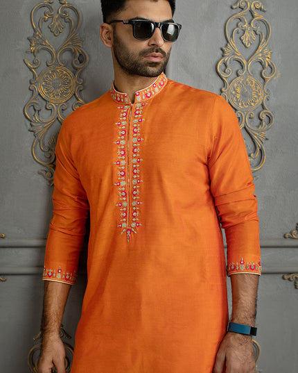 Luxury Orange Embroidered Cotton Silk Kurta Pajama Set