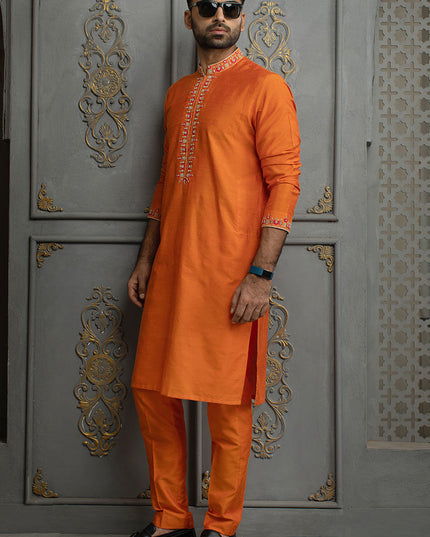 Luxury Orange Embroidered Cotton Silk Kurta Pajama Set