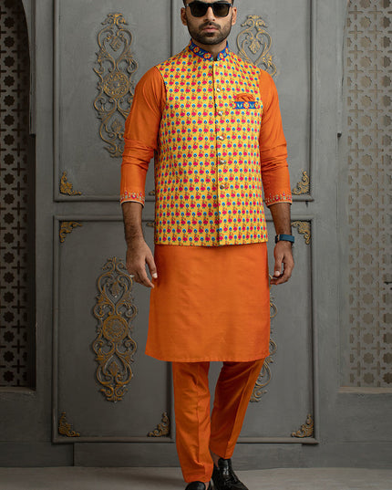 Luxury Orange Embroidered Cotton Silk Kurta Pajama Set
