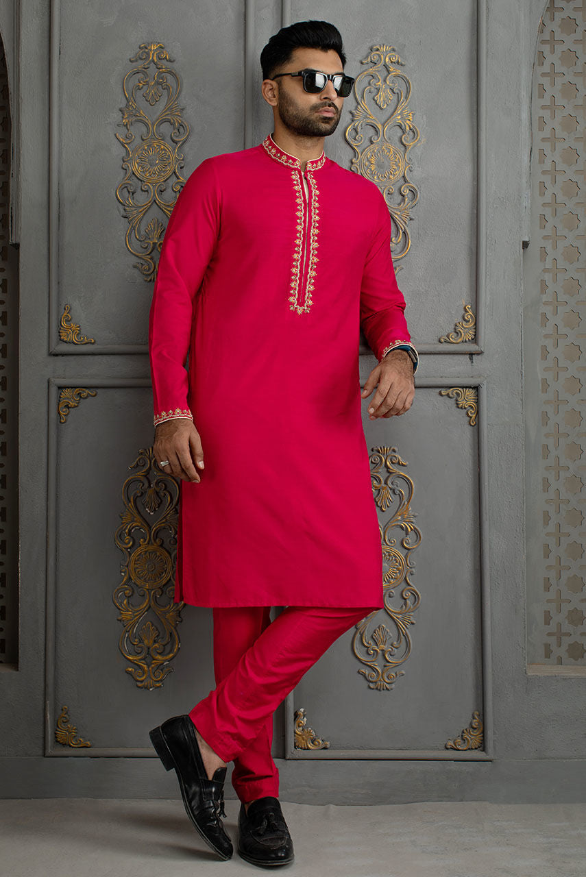 Cotton Silk Embroidered Kurta Pajama