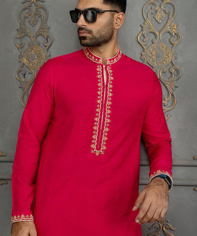 Cotton Silk Embroidered Kurta Pajama