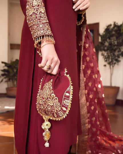 Shireen | Red Khaddi Silk Embroidered Suit