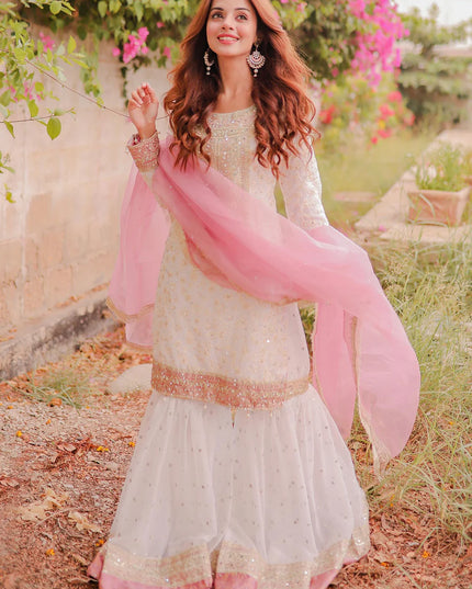 Tara | White Chiffon Embroidered Gharara