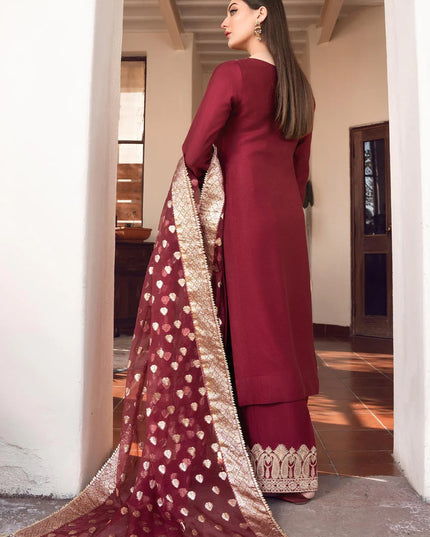 Shireen | Red Khaddi Silk Embroidered Suit