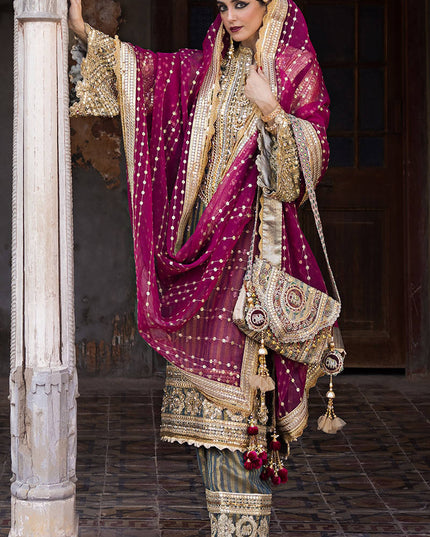 Mohsin Naveed Ranjha | Green Pink Hand Embellished Dress