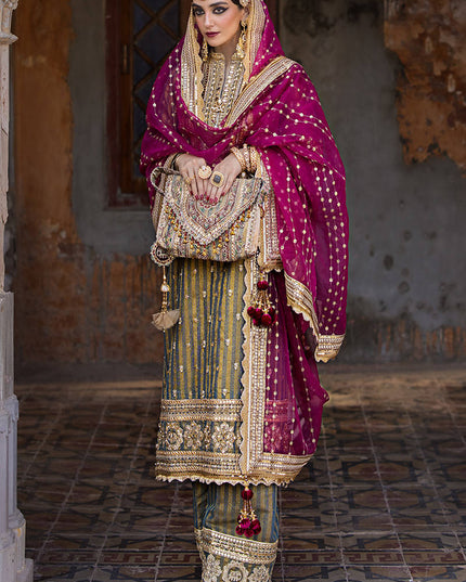 Mohsin Naveed Ranjha | Green Pink Hand Embellished Dress