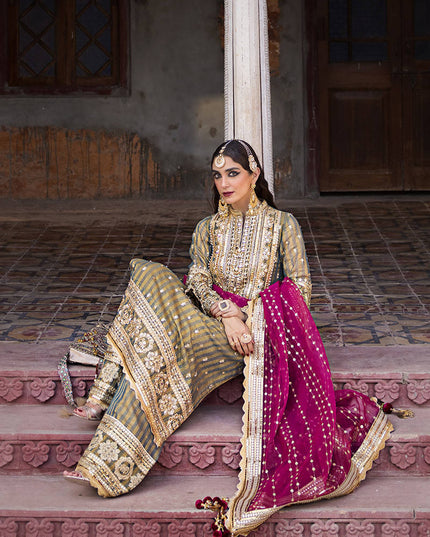 Mohsin Naveed Ranjha | Green Pink Hand Embellished Dress