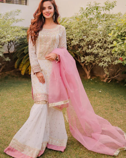 Tara | White Chiffon Embroidered Gharara