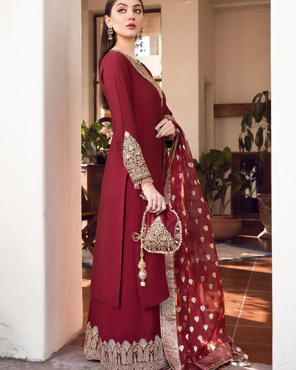 Shireen | Red Khaddi Silk Embroidered Suit
