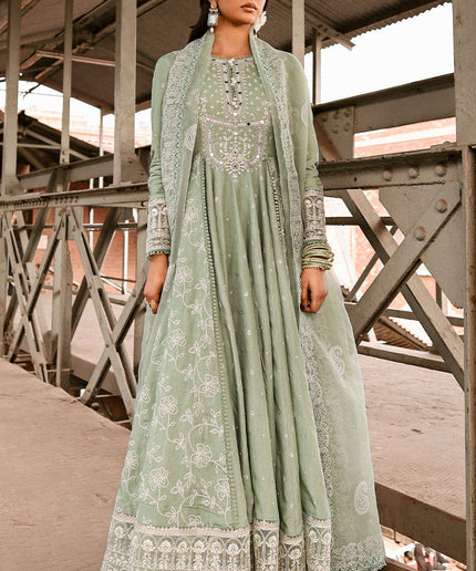 MNR | Sage Green Silk Embroidered Pishwas Chooridar