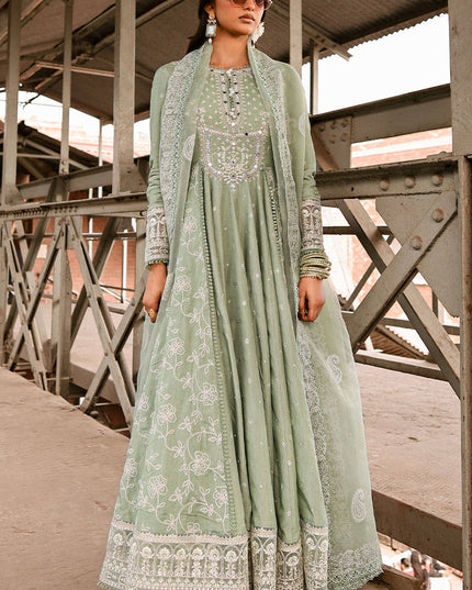 MNR | Sage Green Silk Embroidered Pishwas Chooridar