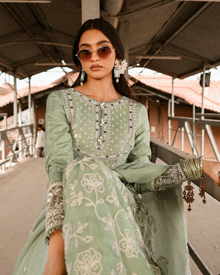 MNR | Sage Green Silk Embroidered Pishwas Chooridar