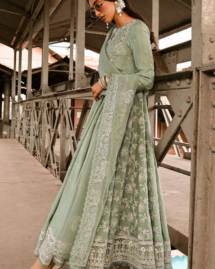 MNR | Sage Green Silk Embroidered Pishwas Chooridar